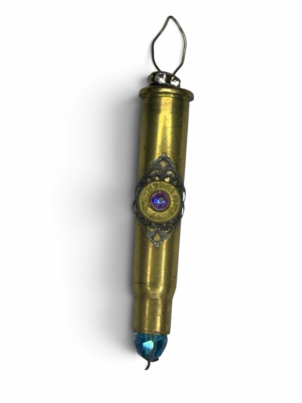Vintage-Inspired Brass Bullet Pendant Necklace with Blue Crystal